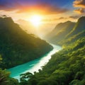 sunrise rainforest african jungle river with tropical exotic fantasy fictional landscape created with