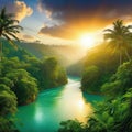 Sunrise Rainforest African Jungle River With Tropical Exotic Fantasy Fictional Landscape Created With