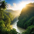 Sunrise Rainforest African Jungle River With Tropical Exotic Fantasy Fictional Landscape Created With