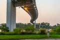 Sunrise rays through Bob Kerrey Foot, Pedestrian, bridge Omaha Nebraska Underpass.
