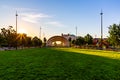 Sunrise rays over downtown Omaha with The Performance Pavilion in Gene Leahy Mall Omaha Nebraska USA. Royalty Free Stock Photo