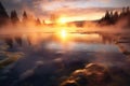 sunrise reflecting on steamy hot spring waters