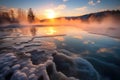 sunrise reflecting on steamy hot spring waters