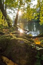 Sunrise at a river with colorful autumn leaves Royalty Free Stock Photo