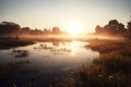 Sunrise on the river in the mist, Beautiful summer landscape