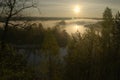 Sunrise. The river in the mist. A view of the meadows and the river in the morning Royalty Free Stock Photo