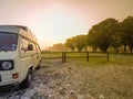 sunrise on the river waking up relaxed in a camper van Royalty Free Stock Photo