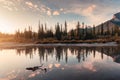 Sunrise on Rocky mountains and autumn forest reflection on the river at national park Royalty Free Stock Photo