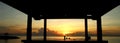 Sunrise and the morning light over the sea in unique movie perspective view from gazebo side.