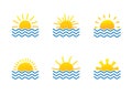 Sunrise and sea cartoon logo temlates collection. Water waves and sunbeam icons set. Travel agency concept