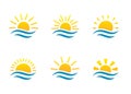 Sunrise and sea cartoon logo temlates collection. Water waves and sunbeam icons set.