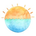 sunrise with the sea circle banner watercolor for decoration on summer holiday. Royalty Free Stock Photo