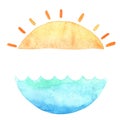 Sunrise with the sea circle banner watercolor for decoration on summer holiday. Royalty Free Stock Photo