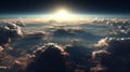 Sunrise seen from the air, dramatic view. Sky, heaven image. Generative AI. Royalty Free Stock Photo