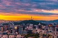 Sunrise seoul city Skyline and Seoul tower Viewpoint from Inwangsan mountain Seoul , South Korea Royalty Free Stock Photo