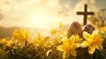 Sunrise Serenity: Cross Amidst Wildflowers in Easter Meadow Royalty Free Stock Photo