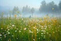 Sunrise Serenity: Dancing Flowers in the Mist. Royalty Free Stock Photo
