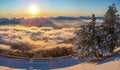 Sunrise shining over the clouds.  Beautiful cloudscape and sunrise in thÃÆ mountains Royalty Free Stock Photo