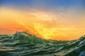Sunrise and shining waves in ocean Royalty Free Stock Photo