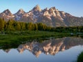 Sunrise shot of grand teton and a stream schwabachers landing Royalty Free Stock Photo