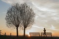 Sunrise with silhouet of trees and runner