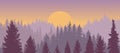 Sunrise and silhouette forest hills, beautiful landscape. Vector illustration