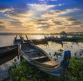 Sunrise sky with boat at U Bein Bridge , Mandalay, Myanmar. Royalty Free Stock Photo