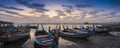 Sunrise sky with boat at U Bein Bridge , Mandalay, Myanmar. Royalty Free Stock Photo