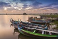 Sunrise sky with boat at U Bein Bridge , Mandalay, Myanmar. Royalty Free Stock Photo