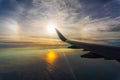 Sunrise sky view from airplane window. Air travel and transportation concept Royalty Free Stock Photo