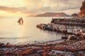 Sunrise in a small harbor the Sun island, lake Titicaca, Bolivia Royalty Free Stock Photo