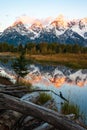 Sunrise on the snow-covered Grand Mountain of the Teton Range in Jackson Hole, Wyoming.