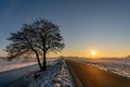 Sunrise in a snowy grasslandscape with beautiful morning light