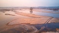 Sunrise spring melting river flood aerial panorama. Overflow water at springtime. Rural April landscape Royalty Free Stock Photo