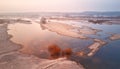 Sunrise spring melting river flood aerial panorama. Overflow water at springtime. Rural April landscape Royalty Free Stock Photo