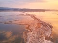 Sunrise spring melting river flood aerial panorama. Rural April landscape Royalty Free Stock Photo