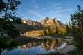 Sunrise at Stanley Lake in Idaho. Calm water with mountain reflection