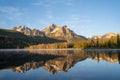 Sunrise at Stanley Lake with Sawtooth Mountains reflecting in the calm water