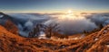 Sunrise, sun`s rays illuminate the beautiful panorama of the Car