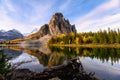 Sunrise on Sunburst Lake with Mount Assiniboine in autumn forest at provincial park Royalty Free Stock Photo