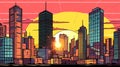 Sunrise sunset behind modern city buildings. Vector cartoon illustration of skyscrapers landscape, cityscape background Royalty Free Stock Photo