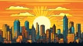 Sunrise sunset behind modern city buildings. Vector cartoon illustration of skyscrapers landscape, cityscape background Royalty Free Stock Photo