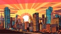Sunrise sunset behind modern city buildings. Vector cartoon illustration of skyscrapers landscape, cityscape background Royalty Free Stock Photo