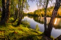 Sunrise or sunset among birches with young leaves near a pond, reflected in the water covered with fog. The sun shining through Royalty Free Stock Photo