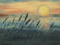 Oil painting sunrise or sunset and blades of grass Royalty Free Stock Photo