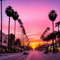 Sunrise at sunset boulevard with pink sky and the palm tree lined