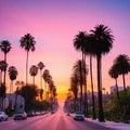 Sunrise at sunset boulevard with pink sky and the palm tree lined