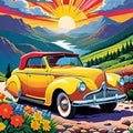 Sunrise sunset convertible roadster car touring mountain valley