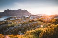 Sunrise and Sunset at Henningsvaer, fishing village located on several small islands in the Lofoten archipelago, Norway Royalty Free Stock Photo