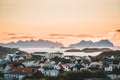 Sunrise and Sunset at Henningsvaer, fishing village located on several small islands in the Lofoten archipelago, Norway